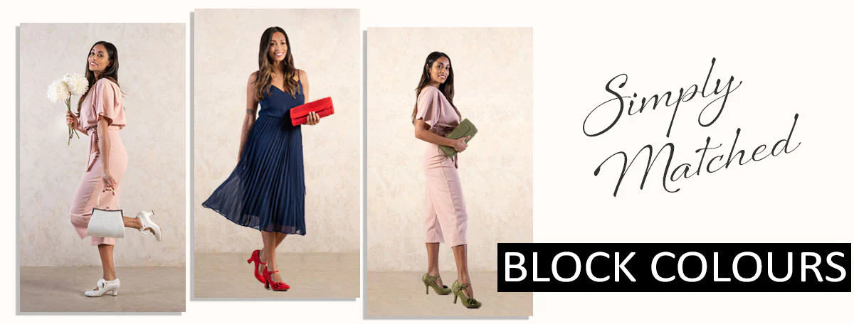A model with 3 different pairs of shoes in different colours with matching bags